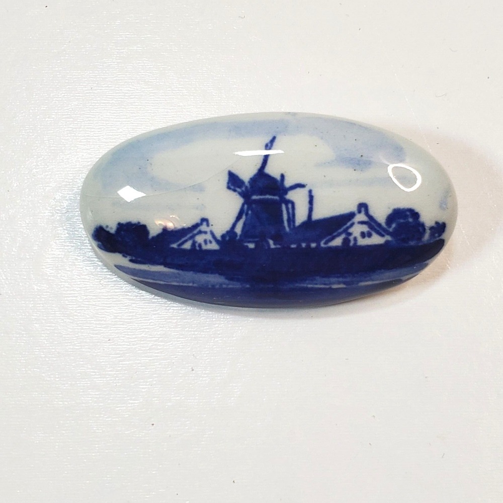 Vintage Blue Delft Holland Pottery Porcelain Oval Windmill Pin Brooch